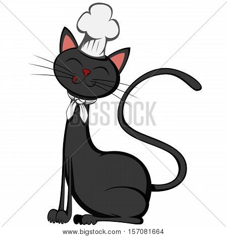 A cute black tomcat chef is sitting and smiling