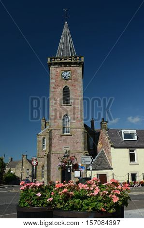An external view of the clock tower in Milnathort