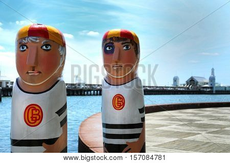 GEELONG, AUSTRALIA - OCTOBER 23, 2016:  Some of the 104 different bollards in Geelong along the baywalk.  All made by Jan Mitchell and represent a chronicle of the city's past.