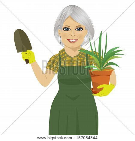 senior gardening woman holding green Chlorophytum plant in pot and trowel
