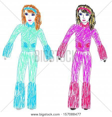 Vector illustration. Children's drawing by felt pens. Brunette in pink ski suit and a red-haired girl in a blue ski suit