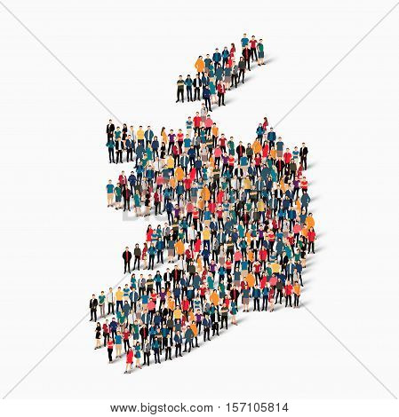 Isometric set of styles, people, map of Ireland , country, web infographics concept of crowded space, flat 3d. Crowd point group forming a predetermined shape. Creative people.  illustration. Photo .3D illustration. White background . Isolated.