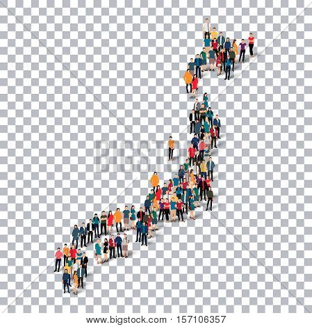 Isometric set of styles, people, map of Japan , country, web infographics concept of crowded space, flat 3d. Crowd point group forming a predetermined shape. Creative people.  illustration. Photo .3D illustration. Transparent background . Isolated.