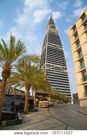 RIYADH - AUGUST 21: Al Faisaliah tower facade on August 21, 2016 in Riyadh, Saudi Arabia. Al Faisaliah towers is a luxury hotel and the most distinctive skyscraper in Saudi Arabia