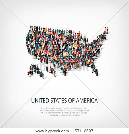 Isometric set of styles, people, map of United States of America , USA , country, web infographics concept of crowded space, flat 3d. Crowd point group forming a predetermined shape. Creative people.  illustration. Photo .3D illustration. White background