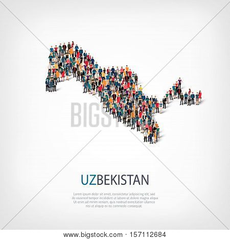 Isometric set of styles, people, map of Uzbekistan , country, web infographics concept of crowded space, flat 3d. Crowd point group forming a predetermined shape. Creative people.  illustration. Photo .3D illustration. White background . Isolated.