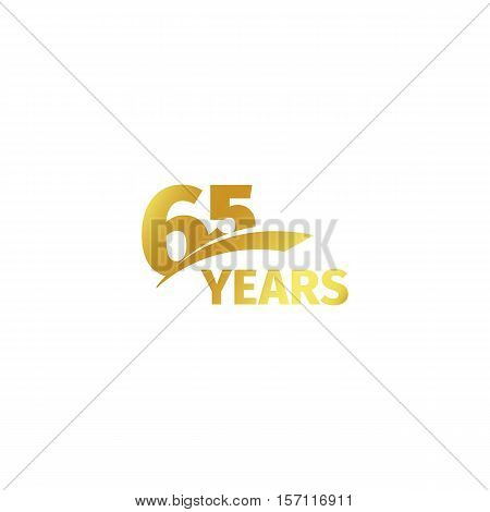 Isolated abstract golden 65th anniversary logo on white background. 65 number logotype. Sixty-five years jubilee celebration icon. Birthday emblem. Vector illustration