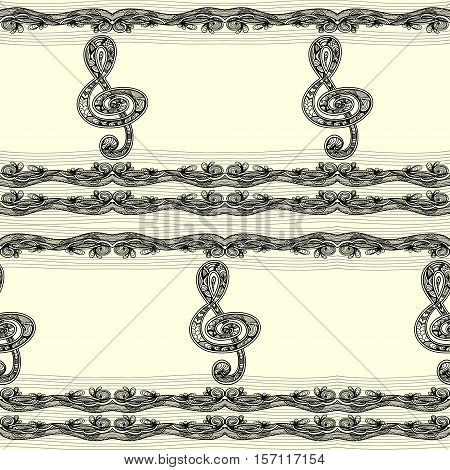 Seamless pattern with Treble clef  notes  musical stanza in  Zen tangle style  black on white for relax coloring book or  for decorate package clothes copybook or for web information about music