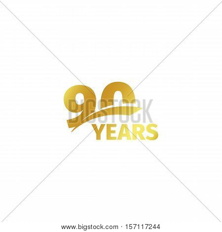 Isolated abstract golden 90th anniversary logo on white background. 90 number logotype. Ninty years jubilee celebration icon. Nintieth birthday emblem. Vector illustration
