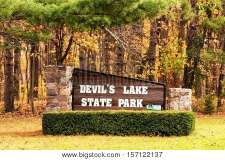 Baraboo WI - 25 October 2016: Devil's Lake State Park at the entrance of the park.