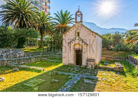 TUCEPI, CROATIA - September 22, 2016: The old Church of St. George from the 13th century, is located by the coast.