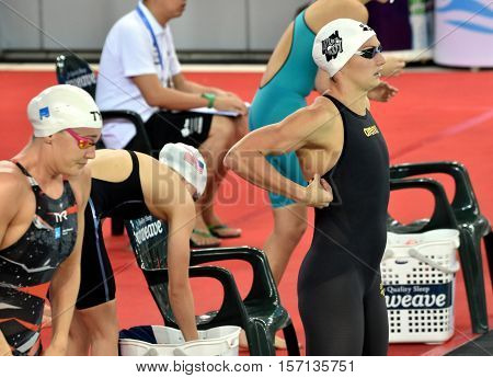 Hong Kong China - Oct 29 2016. Olympic champion hungarian swimmer Katinka Hosszu at the start in Victoria Park Swimming Pool. FINA Swimming World Cup Preliminary Heats.