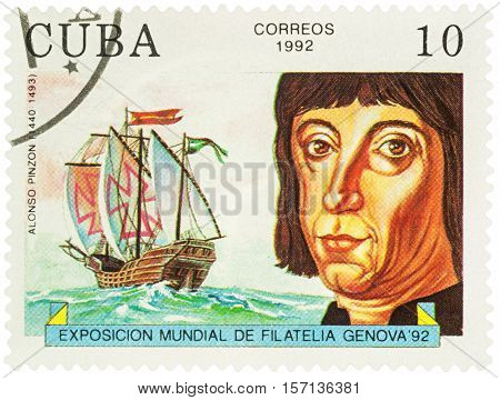 MOSCOW RUSSIA - NOVEMBER 16 2016: A stamp printed in Cuba shows Alonso Pinzon (1441-1493) a Spanish mariner shipbuilder navigator and explorer series 