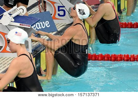 Hong Kong China - Oct 29 2016. Olympic champion hungarian swimmer Katinka Hosszu at the start in Victoria Park Swimming Pool. FINA Swimming World Cup Preliminary Heats.