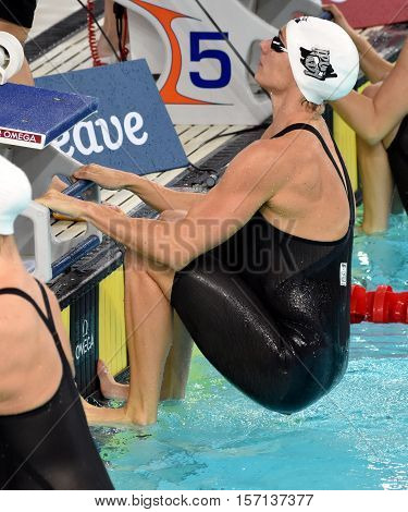 Hong Kong China - Oct 29 2016. Olympic champion hungarian swimmer Katinka Hosszu at the start in Victoria Park Swimming Pool. FINA Swimming World Cup Preliminary Heats.