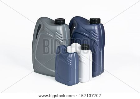 Plastic canisters for machine oil isolated on white background.