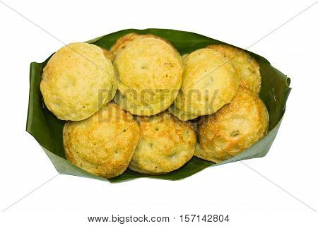 Thai dessert from coconut milk on banana leave plate. , isolated and white background.