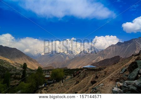 View to Rakaposhi peak Karakorum mountains Pakistan