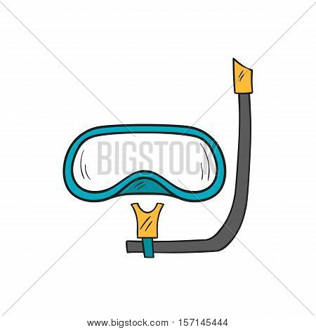 Vector cartoon illustration with isolated hand drawn snorkeling mask. Summer hobby diving equipment. Vacation travel sea icon. Vector hand drawn snorkel mask. Beach background design