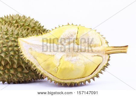 yellow durian  mon thong and durian peeled is  fruit plate tropical durian on white background healthy durian fruit food isolated