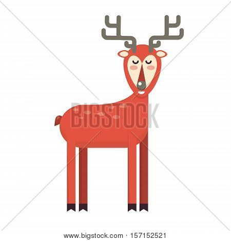 Happy smiling christmas deer cartoon character standing. Cheerful positive xmas reindeer. Santa red caribou vector icon illustration. Holiday elk symbol