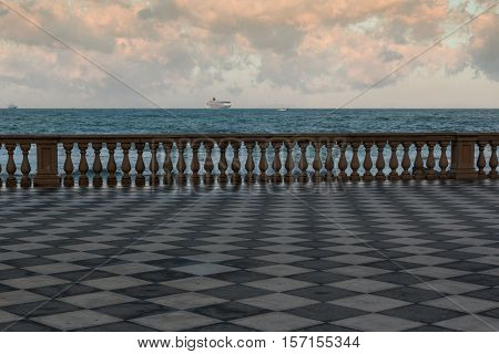 Livorno' s Mascagni Terrace and White Cruise Ship in Background Tuscany - Italy