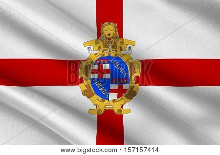 Flag of Bologna is the largest city and the capital of the Emilia-Romagna Region in Italy. 3d illustration