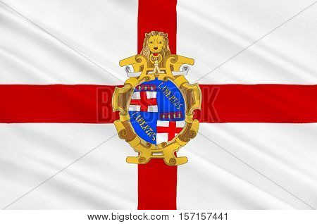 Flag of Bologna is the largest city and the capital of the Emilia-Romagna Region in Italy. 3d illustration