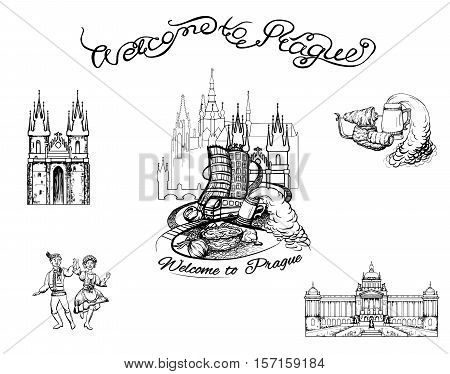 Prague landmarks set. Vector illustration. Czech capital old buildings, castles, traditional food objects, national costume elements. Line drawing