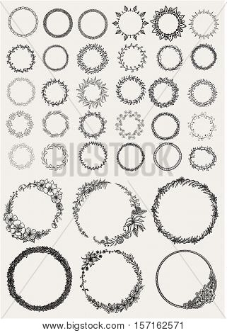 Big set of hand drawn Laurels and wreaths circles for invitations, greeting cards, quotes, blogs, posters and Wedding Frames. Stock Vector