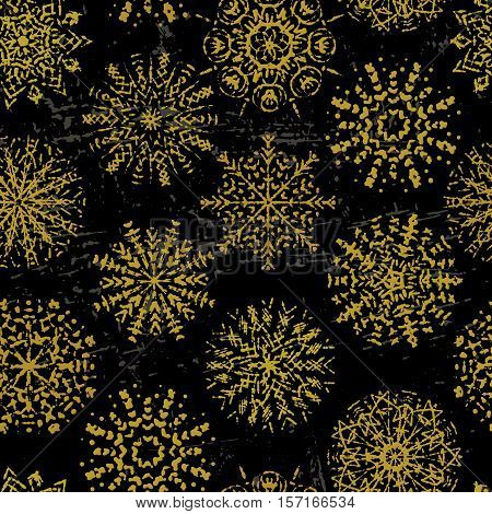Ink hand drawn vintage snowflakes seamless pattern