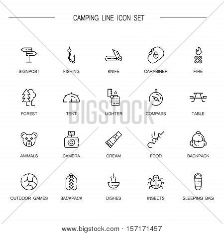 Camping flat icon set. Collection of high quality outline symbols of meat food for web design, mobile app. Vector thin line  icons or logo of animals, tent, compass, table, fire, forest. etc.