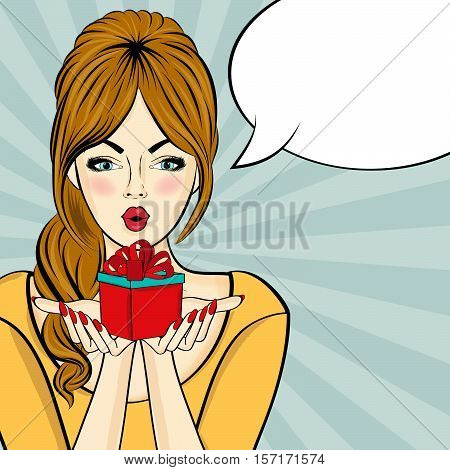 Surprised Pop Art  Woman That Holds A Gift In Their Hands . Comic Woman With Speech Bubble. Pin Up G