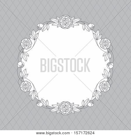 Vector Floral Wreath Of Peonies For Wedding Invitations. Black And White Illustration. Contour Line