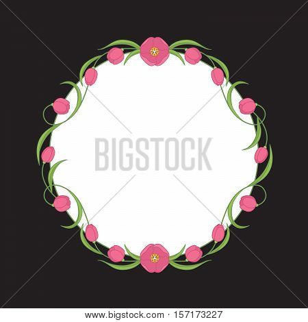Vector Floral Wreath Of Crimson Tulips For Wedding Invitations. Colorful Illustration.