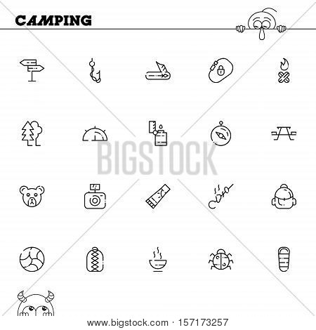 Camping flat icon set. Collection of high quality outline symbols of meat food for web design, mobile app. Vector thin line  icons or logo of animals, tent, compass, table, fire, forest. etc.