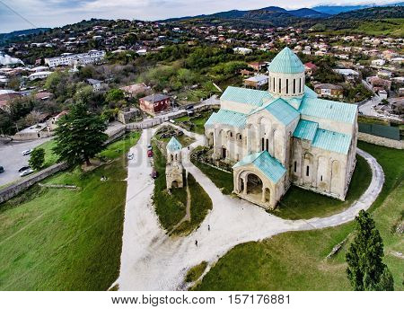 beautiful aerial view of Bagrati Cathedral in Kutaisi center, Georgia