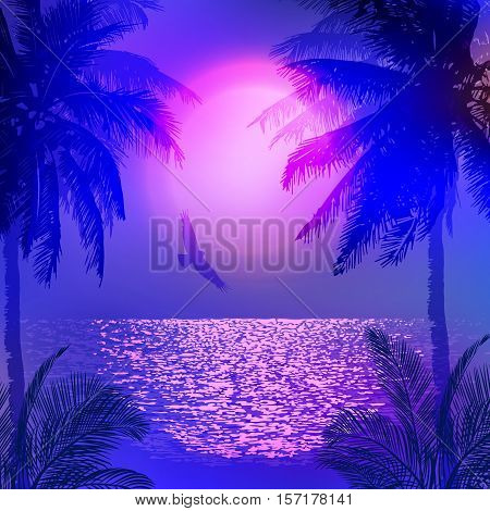 Tropical Full Moon over the ocean. Reflection of palm trees and tropical moon night. Vector
