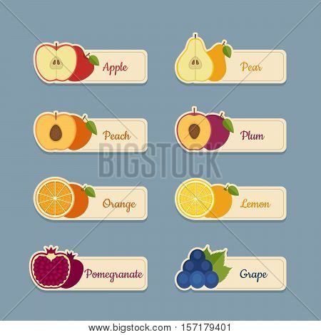 Fruits Icon Set. Labels With Fruits. Flat Style, Vector Illustration.