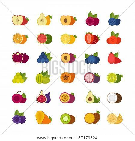 Fruits and berries icons set. Flat style vector illustration.