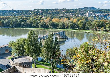 View of the River Rhone and the Avignon Bridge (Pont Saint-Benezet) Avignon Provence France.