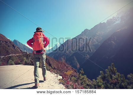 young woman backpacker trekking at the himalaya mountains