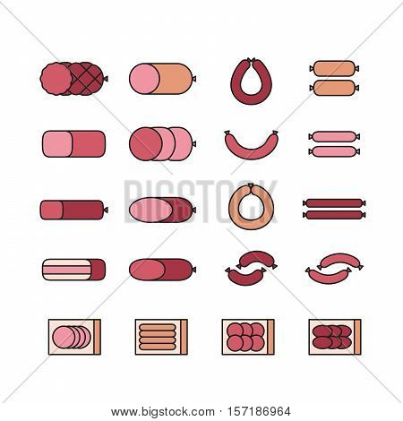 Sausages collection. Various sausages and meat products icon set.