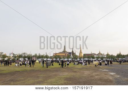 BANGKOK THAILAND - OCT 19 : A crowd of mourners at Sanam Luang while the body of Thailand Bhumibol Adulyadej keep in Grand Palace on october 19 2016