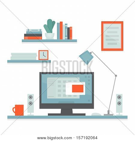 Workplace freelancer with desk computer shelves and equipment. Workspace. Home office. Work room modern interior. Flat design style vector illustration. Isolated on white background.