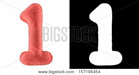 Number 1. Hand made number One from pink felt. Set of numbers from colorful felt isolated on white with alpha mask