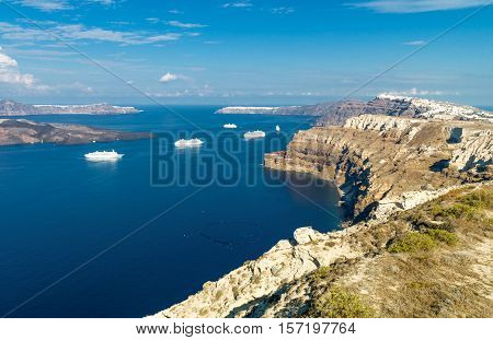 Santorini Greece - October 13 2012: Panoramic view of the Caldera sea area from a wine house near Pirgos village
