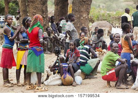 People From Ari Tribe At Village Market. Bonata. Omo Valley. Ethiopia.