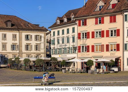 Rapperswil, Switzerland - 12 September, 2016: historic buildings on Fischmarktplatz square. Town of Rapperswil is a part of the municipality of Rapperswil-Jona in the Swiss canton of St. Gallen, located on the east side of Lake Zurich.