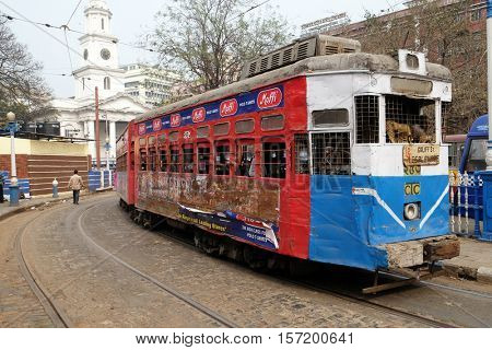 KOLKATA, INDIA - FEBRUARY 10: Traditional tram downtown Kolkata on February 10, 2016. Kolkata is the only Indian city with a tram network, which is operated by the Calcutta Tramways Comp.